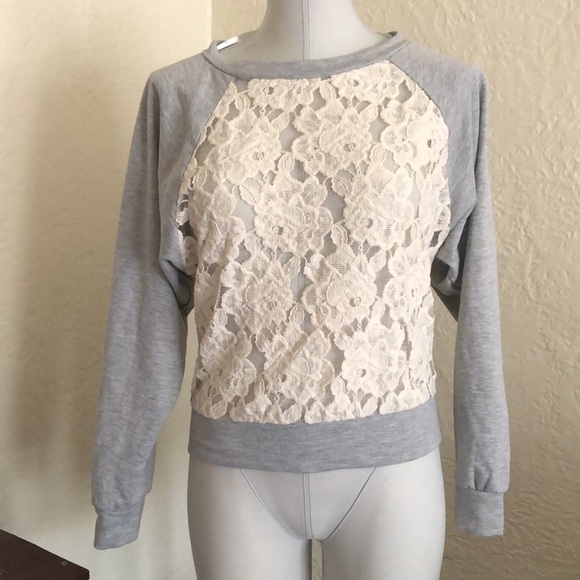 Urban Outfitters Cream Floral Lace Light Gray Fleece Sweatshirt - Picture 2 of 8